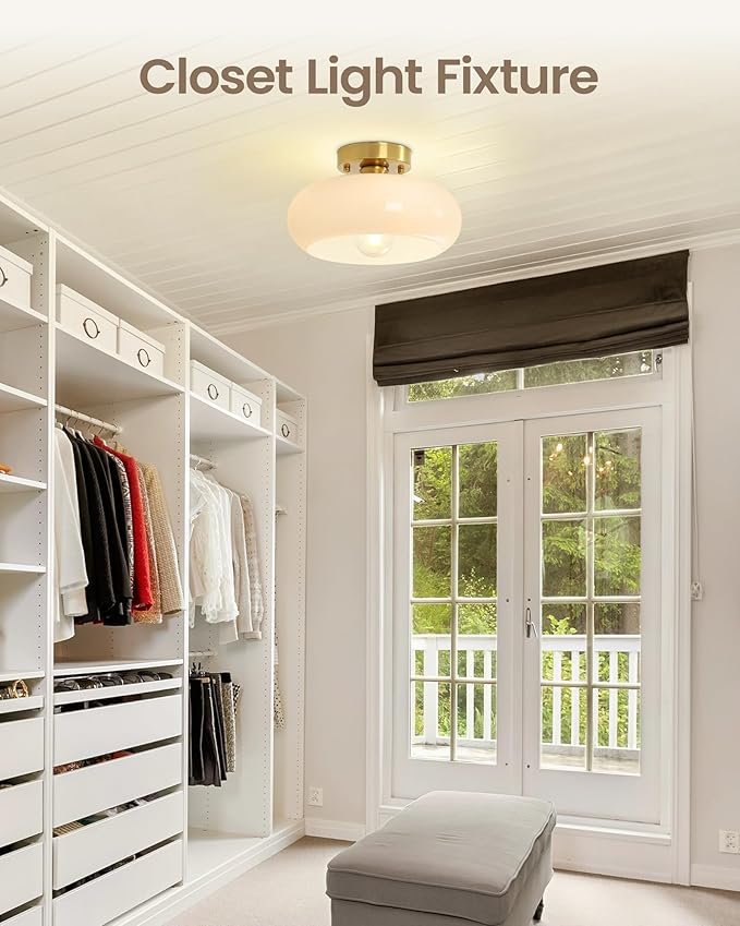 Yunnix Semi Flush Mount Ceiling Light, Gold Light Fixture, Mid-Century Modern Farmhouse Milk Glass Small Light Fixtures for Hallway, Bathroom, Kitchen, Bedroom, Living Room, Closet, Laundry(11 Inch)