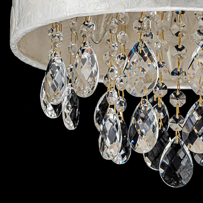 12inch 3-Light Capiz Shell Crystal Ceiling Light, Coastal Design Semi-Flushmount Drum Light Fixture for Hallway, Living Room, Bedroom, Clear Crystal & Shell Lampshade & Gold Finish Frame