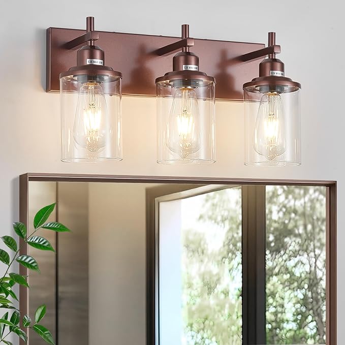 Lanhall 3-Light Bronze Bathroom Light Fixtures Over Mirror,Modern Bathroom Vanity Light with Clear Glass Shade, Wall Sconce for Bathroom Hallway Cabinet Bedroom Kitchen Living Room Foyer E26 Base
