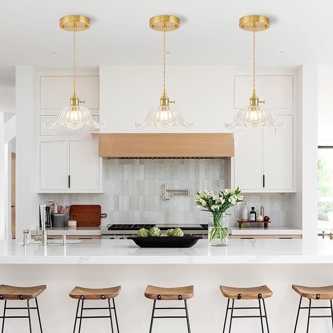 Vintage Pendant Lights Kitchen Island, Adjustable Brass Pendant Light Fixtures with Transparent Lily Glass Lampshade, Gold Kitchen Pendant Lighting Over Island, Pendant Light for Dining Room Hallway