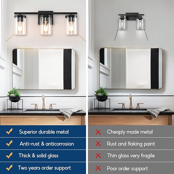 20in Bathroom Light Fixture Over Mirror, 3-Light Matte Black Vanity Lights with Clear Glass Shades, Modern Wall Sconces for Living Room, Bedroom, Hallway, E26 Base