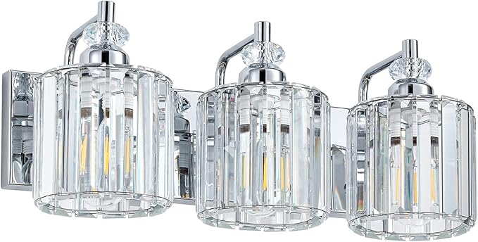 3-Light Modern Bathroom Light Fixture Chrome Bathroom Vanity Lights Over Mirror Wall Sconce Lighting with K9 Crystal Shades E26 Base for Bedroom, Living Room, Hallway, Cabinet Wall Lamp