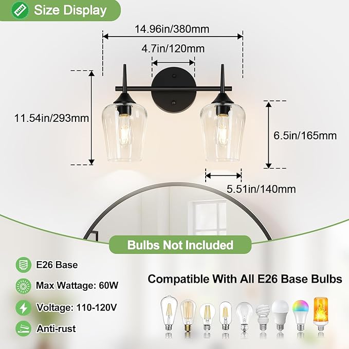 MOKATNG 2-Light Bathroom Light Fixtures, Black Vanity Lights for Bathroom with Clear Glass, Bathroom Lighting Fixtures Over Mirror, Modern Wall lamp for Cabinet Hallway