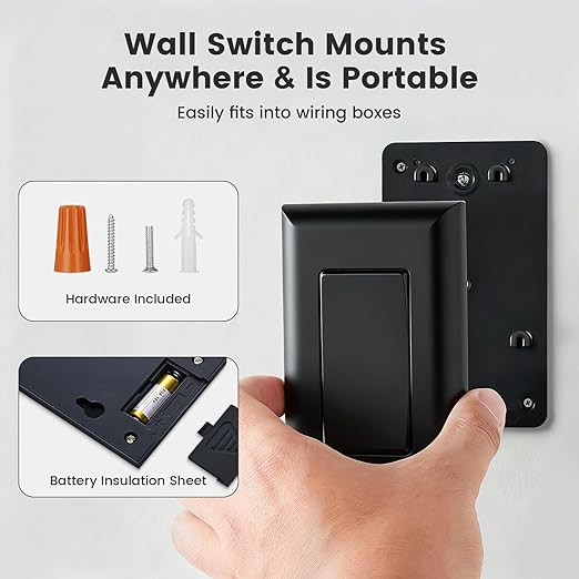 SURAIELEC Wireless Light Switch and Receiver Kit Black, 15A High Power, No Wiring No Interference, 100ft Range, Expandable Remote Control Wall Switches for Lamp, Ceiling Light, Fan, Outdoor Lighting