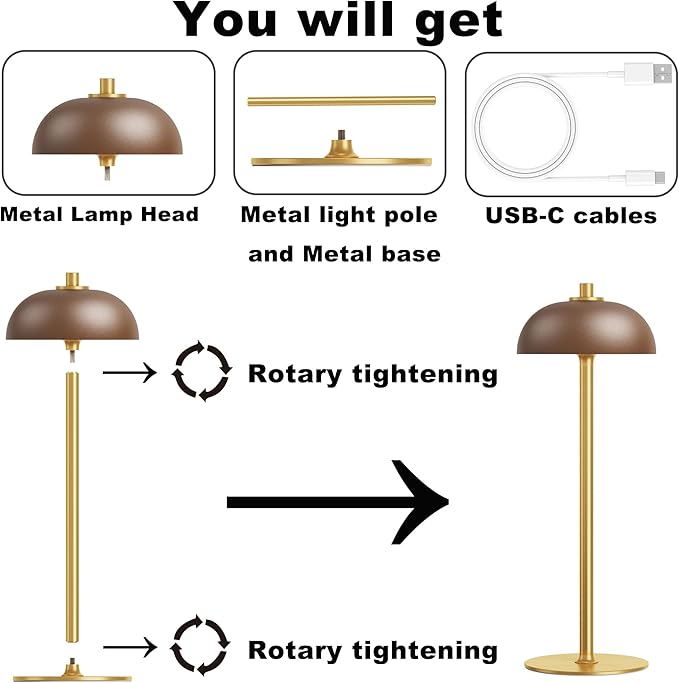 Rechargeable Cordless Table Lamp - 5000mAh Battery Powered Lamp, 3 Color Modes Stepless Dimming LED Table Light with Memory Function for Indoor, Outdoor, Dinner, Patio, Cafe.(Brown)