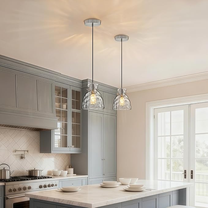 5.9“ Small Brushed Nickel Pendant Lights Kitchen Island, Hammered Glass Pendant Light Fixtures, Adjustable Mini Hanging Lights Kitchen Pendant Lighting over Island Sink Bathroom Dining Room Bedroom