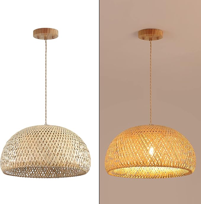 Bamboo Large Pendant Light Fixture 17.8 inch One-Light Adjustable Rustic Basket Handmade Woven Pendant Lighting for Kitchen Island Farmhouse Dining Room Living Room
