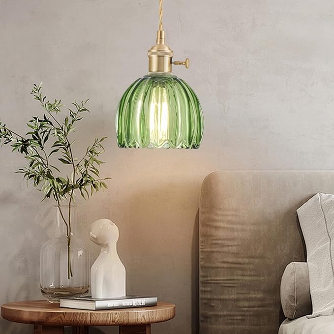 Mini Pendant Lights Kitchen Island 3 Pack, Small Adjustable Pendant Light Fixture with Green Tulip Glass Lampshade, Vintage Gold Pendant Lighting, Pendant Light for Bedroom Dining Room Hallway