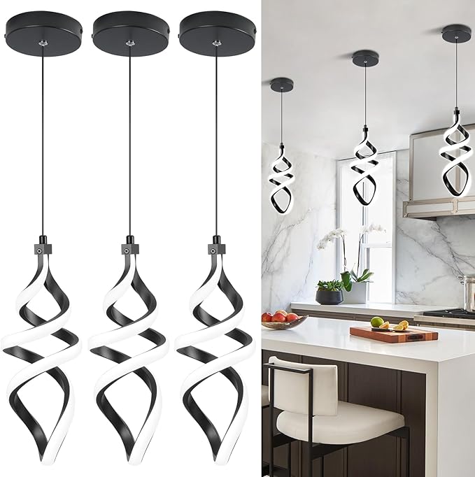 EIDISUNY 3 Packs Pendant Light, 15W Spiral Led Pendant Light, 4500K Modern Pendant Lights Kitchen Island, Adjustable Height Pendant Light for Dining Room Bedroom Kitchen Island Cafe