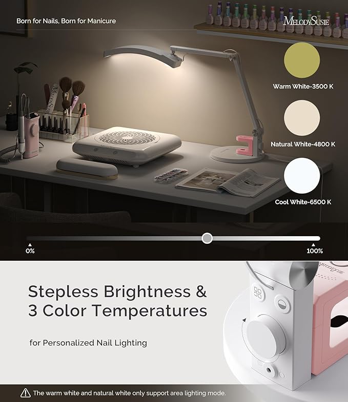 MelodySusie LED Manicure Table Lamp for Nail Techs, S-Pro29G Professional Nail Desk Light with Magnetic UV Curing Lamp, Adjustable Arm, Dimmable Brightness & 3 Color Temps for Gel Nails & Nail Art