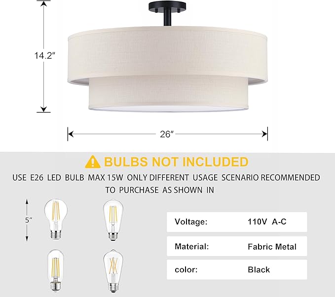6 Lights 26 Inch Semi Flush Mount Close to Ceiling Light Fixture,Cream Fabric Shade Black Finish for Bedroom,Living Room,Dining Room Hallway