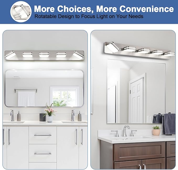 360° Rotate LED Bathroom Vanity Light Fixtures, 2100LM Acrylic Brushed Nickel Vanity Lights for Bathroom, Modern Wall Lighting Fixtures Over Mirror Kitchen Living Room (Natural White Light 5000K)