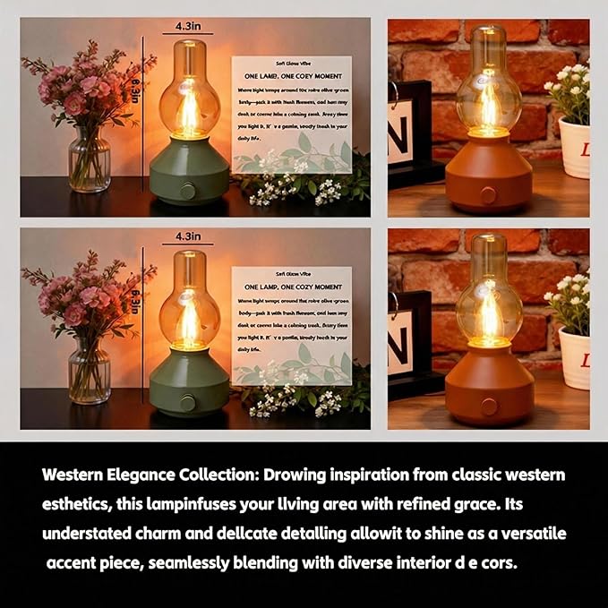 Vintage Rechargeable Cordless Table Lamp 2 Pack,Dimmable Rotary Control, Small Battery-Powered,Hand-Blown Glass, Bulbs Included,Retro Farmhouse Lamp for Bedroom, Living Room, Kitchen,Red