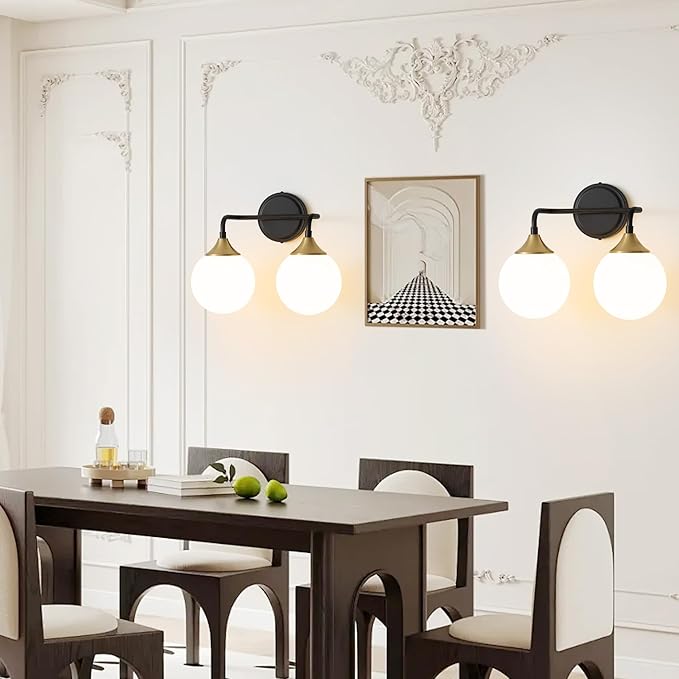 Black Gold Bathroom Light Fixtures, Modern Vanity Lighting Over Mirror, Mid Century Modern Matte Black Wall Sconce 2-Light with Milky White Glass Ball Shades