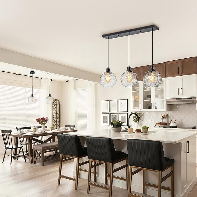 3-Light Black Island Lights for Kitchen, 31.5" Globe Pendant Light with Clear Hammered Glass Shade, Farmhouse Adjustable Hanging Light Fixtures for Dining Room Kitchen Island
