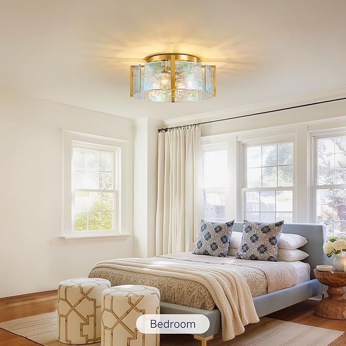 Gold Semi Flush Mount Ceiling Light: 17.7in Kitchen Lights Fixture Ceiling Mount - Modern Bedroom Colorful Glass Drum Indoor Lighting - Mid Century Fixtures for Laundry Room Foyer Hallway Entryway