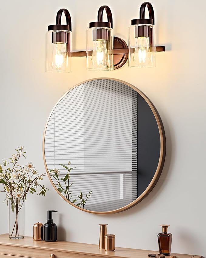 3 Light Bathroom Vanity Light, Black Coffee Vanity Lights for Bathroom, Modern Light Fixtures Over Mirror with Clear Glass Shade, Wall Sconce Lighting for Bedroom Living Room Hallway