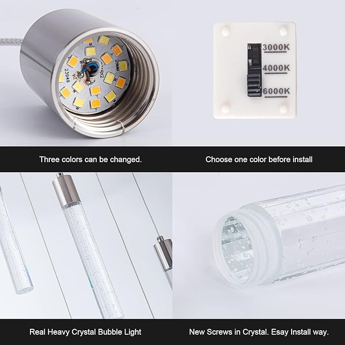 Pendant Lights Kitchen Island,Canopy Switch to dimmable 3000-4000-6000K Colors Pendant Lighting Brushed Nickel. Star Bubble Crystal Island Pendant Lighting