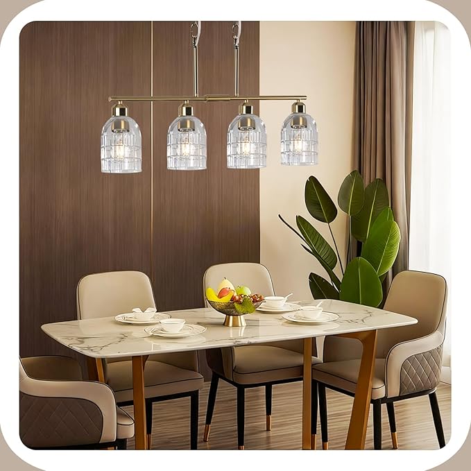FRIXCHUR Gold Kitchen Island Lighting, 4-Lights Linear Chandelier Pendant Light with Clear Glass Shade, Height Adjustable Industrial Chandelier Pendant Light for Kitchen Island Dining Room