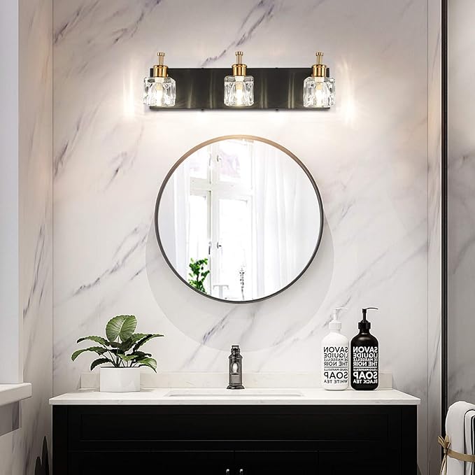 PRESDE Modern Black Bathroom Vanity Light Fixtures Over Mirror LED Crystal 3 Light Bath Wall Lighting