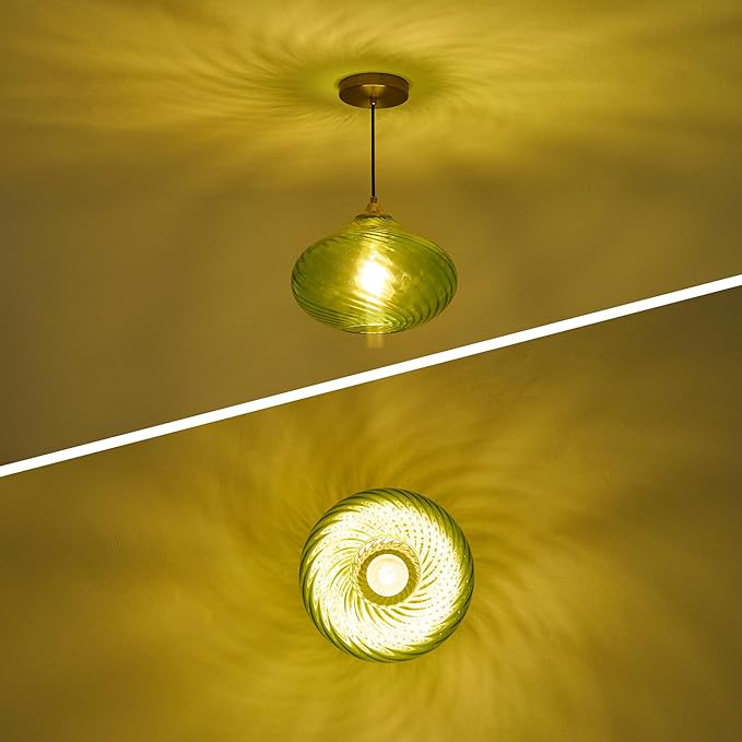 Glass Pendant Lights Kitchen Island, Gold Pendant Lighting Fixtures, Modern Hanging Ceiling Light with 11'' Striped Green Glass Shade for Farmhouse Dining Room Bedroom Hallway(1 Pack)