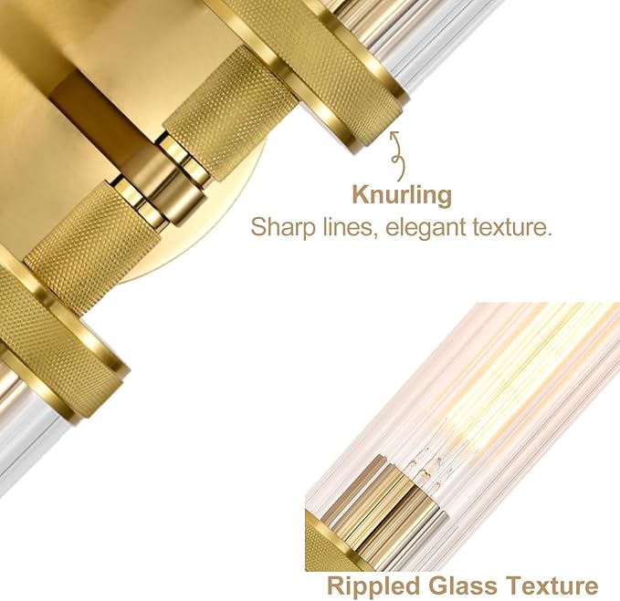 LaLuLa 2-Light Gold Bathroom Vanity Light Fixtures 2-Pack – Hardwired Wall Sconces with Rippled Glass Shades and Textured Metal Frame, Modern Vanity Lighting for Mirror, Bedroom, or Hallway, 25”