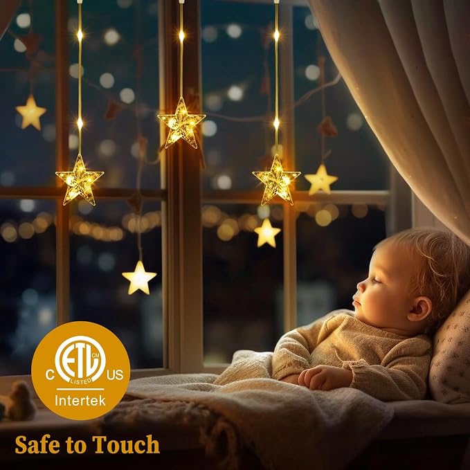Christmas Window Lights, 76LEDs 9 Star Curtain Lights, Warm White&Multicolor, IP65 Waterproof, Timer & Memory Function, 8 Modes Indoor/Outdoor Decoration for Xmas, Birthday, Wedding, Bedroom