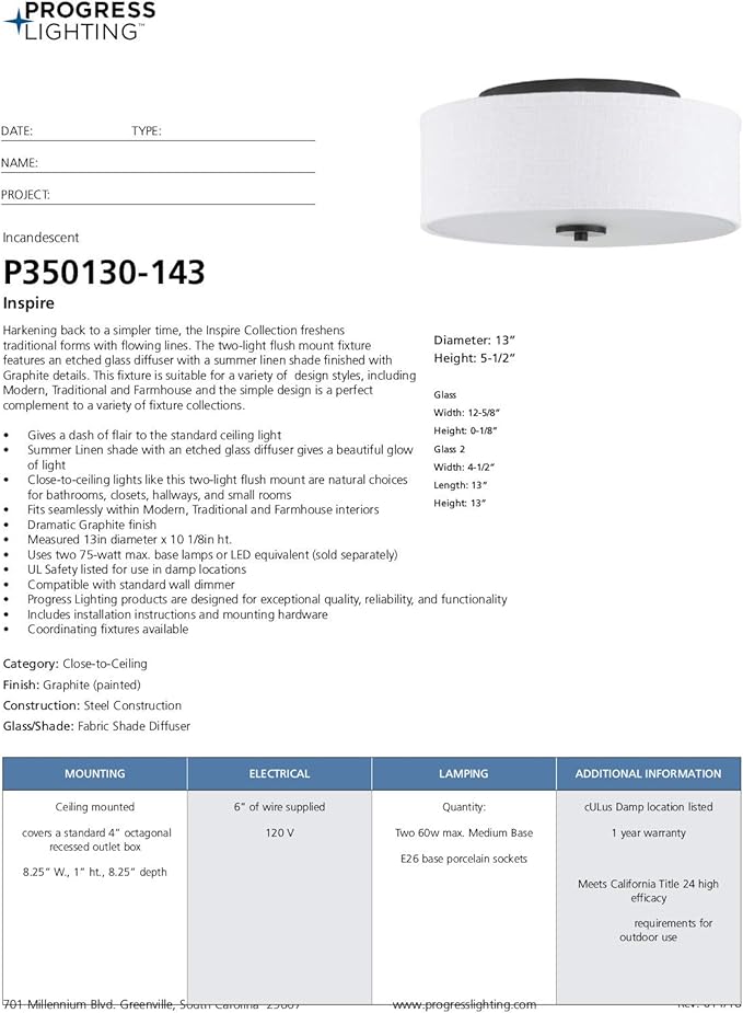 Progress Lighting P350130-143 Inspire Close-to-Ceiling, Black, 5.50x13.00x13.00