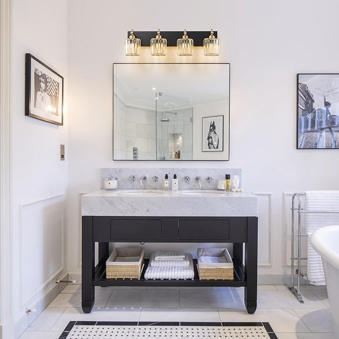 Black Gold Crystal Bathroom Vanity Light, Modern 4-Lights Bathroom Light Fixtures Over Mirror, Crystal Wall Lighting with Polished Gold Finish
