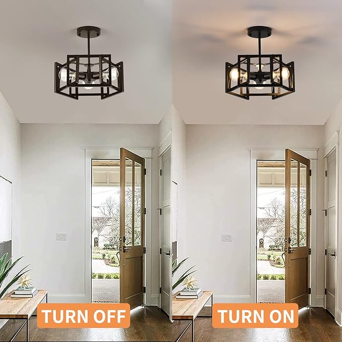 Semi Flush Mount Ceiling Light Fixture,3-Light Black Light fixtures Kitchen Ceiling Light Fixture for Hallway Kitchen Bedroom Living Room Bathroom Entrance
