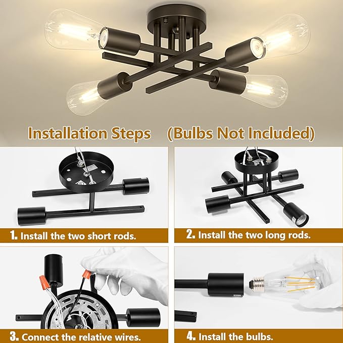 Asnxcju 4-Light Hallway Semi Flush Mount Light Fixtures, Farmhouse Black Light Fixtures Ceiling Mount, Indoor Close to Ceiling Lighting for Kitchen Entryway Bedroom Foyer (Bulb Not Included)