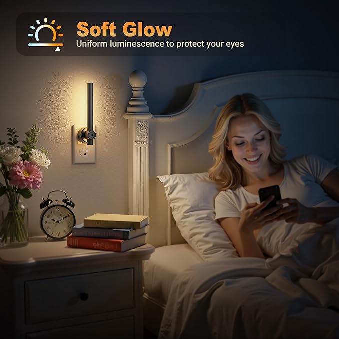 JandCase LED Night Light, Modern Night Lights Plug into Wall with Dusk to Dawn Sensor, 330° Rotatable Plug, Dimmable Night Light for Bedroom, Bathroom, Vanity, Hallway, 2 Pack