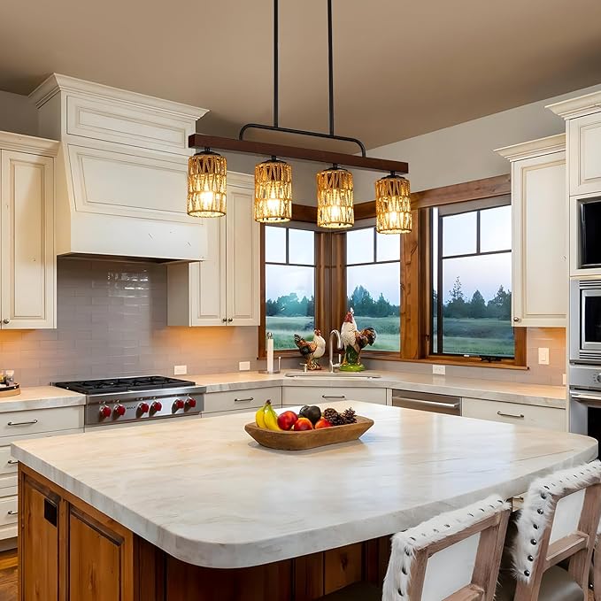 Farmhouse Dining Room Light Fixtures, 30" Rattan 4-Light Wood Kitchen Island Lights Fixture Boho Linear Chandelier Black Hanging Pendant Lighting Over Table