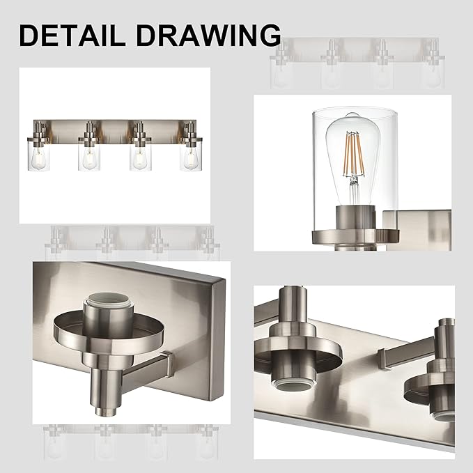 4-Light Bathroom Lighting Modern Brushed Nickel Vanity Light Fixture Over Mirror,E26 Base Industrial Wall Lamp with Clear Glass Shade Wall Sconce for Bathroom,Hallway, Makeup Dressing Table