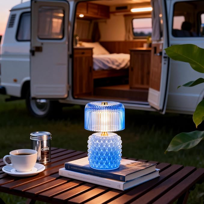 Small Battery Operated Lamp with Timer, Tiny Cordless Glass Table Lamp for Home Decor, Kitchen, Bathroom, Birthday Gift for Women, Pearl, Blue