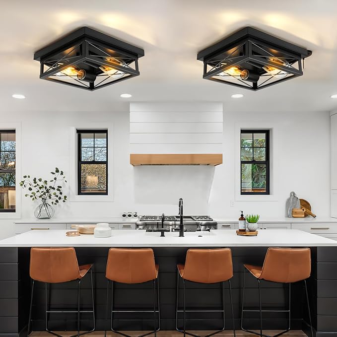 Black Flush Mount Ceiling Light 2 Pack Industrial Fixtures 2-Light Farmhouse Vintage Metal-Framed Ceiling Light for Hallway Foyer Kitchen Bedroom Living Room Laundry