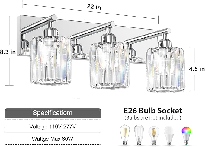 Brushed Chrome Crystal Bathroom Vanity Light, 3-Light Modern Bathroom Lighting Fixtures Over Mirror,Chrome Wall Sconce Light Fixtures with Round Shade
