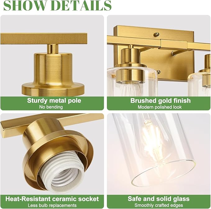 MOKATNG 5-Light Bathroom Light Fixtures, Vanity Light with Clear Glass Shades, Brushed Gold Bathroom Light Fixtures Over Mirror, Modern Bathroom Wall Lamp for Mirror Living Room Cabinet Bedroom