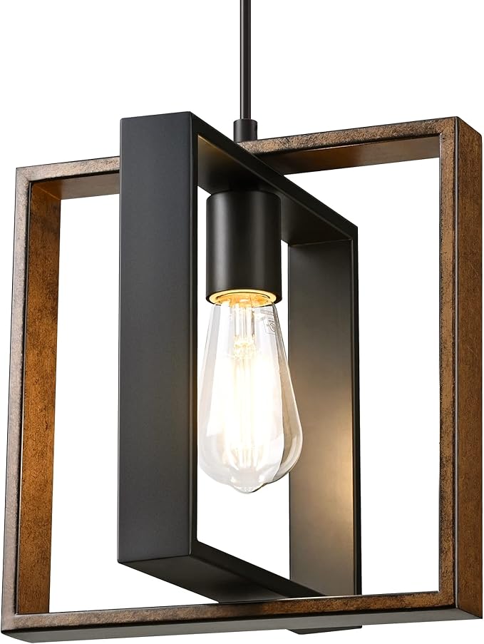 EDISHINE Farmhouse Pendant Light Fixture, Rustic Hanging Light Fixture with Wood Grain and Black Finish, Pendant Lighting for Kitchen Island, Dining Room, Hallway, Adjustable Cord