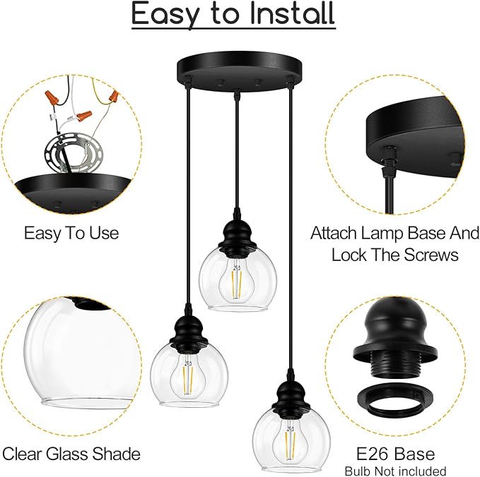 3-Light Pendant Light, Hanging Ceiling Lamp with Clear Glass Shade, Matte Black Pendant Lighting Adjustable Height Industrial Retro Style Hanging Light, for Kitchen Island Bedroom(E26 Base,No Bulb)