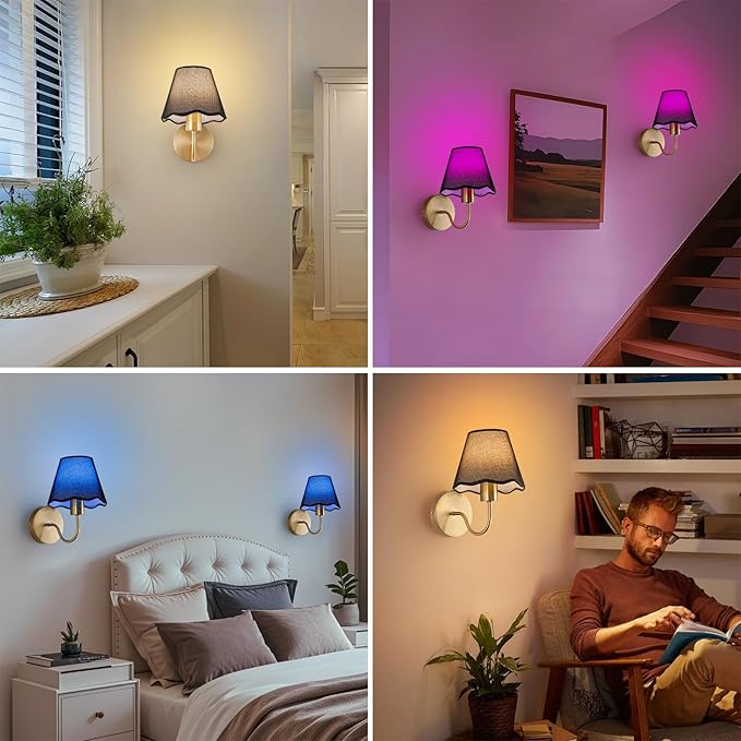 ADISUN Battery Operated Wall Sconce Set of 2, Gold Wall Lamps Rechargeable Bulbs for Living Room, Black Rattan Shade, Wireless Wall Lights for Bedroom Living Room Hallway Kitchen(2 Bulbs Included)