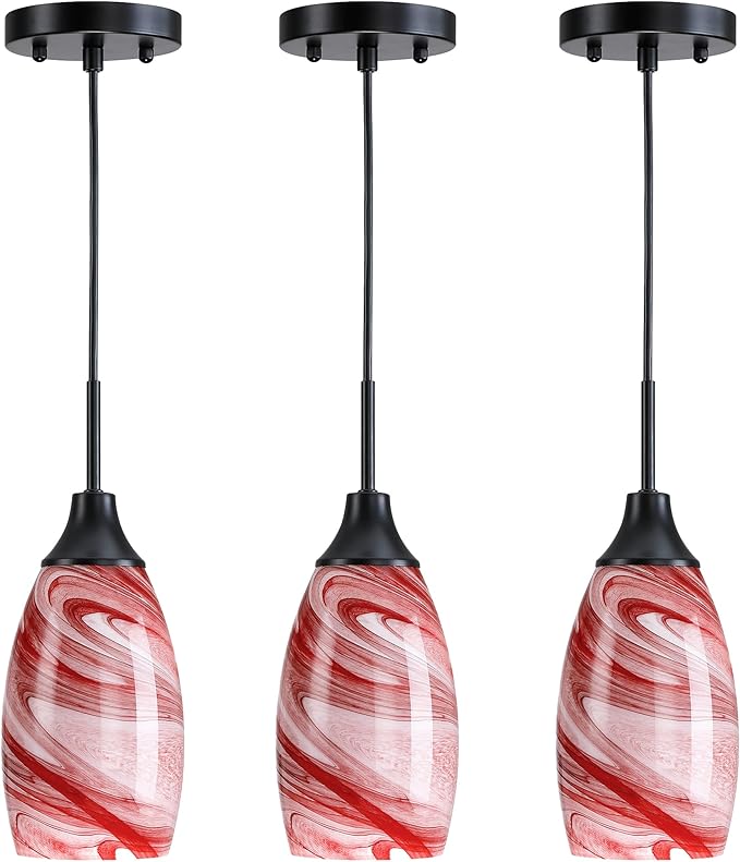 Viinew Mini Glass Pendant Light,3-Pack Handblown Burgundy Marble Art Glass Hanging Light 4.72" Oval Ceiling Hanging Light Fixture for Dining Room Kitchen Island Cafe Foyer Hallway