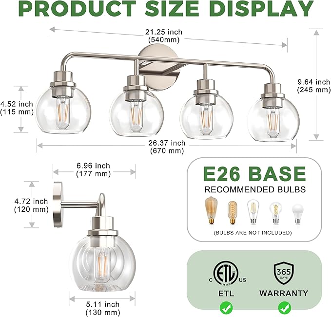 DORESshop Built to Last 20 Years Bathroom Light Fixtures, 4-Light Vanity Lights Over Mirror, Nickel Wall Lamp with Clear Glass for Living Room Decor Bedroom Porch Cabinet