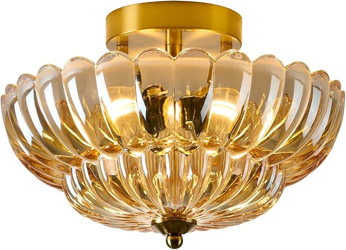 Semi Flush Mount Ceiling Light, 12 Inch Vintage Gold Fixture with Amber Glass Shade, 3-Light Close to Ceiling Lighting for Hallway, Entryway, Bedroom, Bathroom,Kitchen, Mid Century Modern