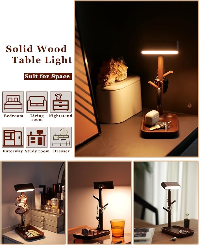 Wooden Table Lamp, Tree Trunk Rechargeable LED Bedside Lamp with Jewelry Tray, 360° Rotating Cordless Lamp for Nightstand or Entryway (Black Walnut)