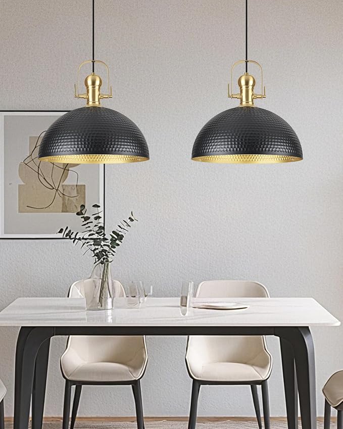 15.7 Inch Black Pendant Light 2 Pack, Hammered Industrial Pendant Lights,Adjustable Height, Large Dome Pendant Light Fixtures for Kitchen, Dining Room, Bedroom,Bar