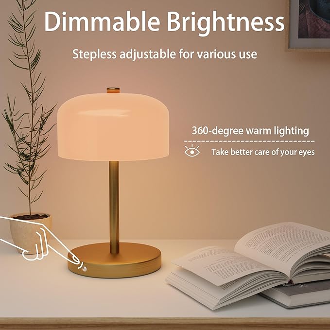 Small Portable Cordless Table Lamp, 3-Way Dimmable Touch Rechargeable Battery Powered Mushroom Lamp Bedroom Dining Table Living Room Shelf Decor,Gold