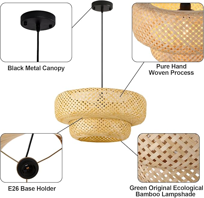 Boho Bamboo Pendant Light 17.72" Beige Wicker Chandelier Handmade Rattan Dining Room Lights Farmhouse Hanging Lighting Fixture for Kitchen Island Bedroom Living Room Hallway Coffee Restaurant