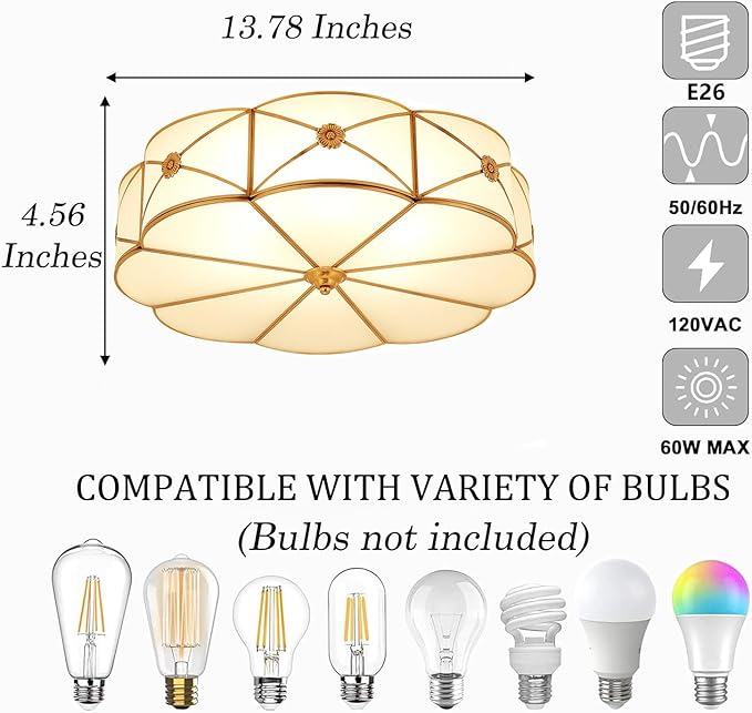 MIXL- Brass Flush Mount Ceiling Light, Flower Shaped 3-Light LED Ceiling Lamp, Frosted Glass Shade Modern Light, Close to Ceiling Light Decorative for Bedroom Living Room(13.77" W)