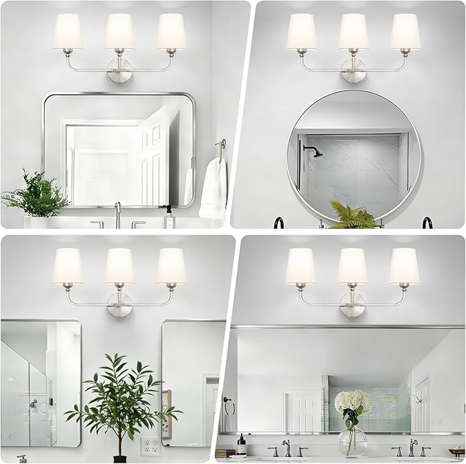 Bathroom Vanity Light, Brushed Nickel Bathroom Light Fixtures, 3-Light Lighting Fixtures Over Mirror, Modern Wall Sconce with Flared White Fabric Shade, E26 Socket(ETL Listed)
